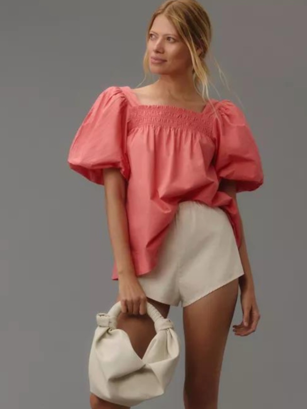 Maeve by Anthropologie Coral Pink 100% Cotton Smocked Puff Sleeve Top Size Large